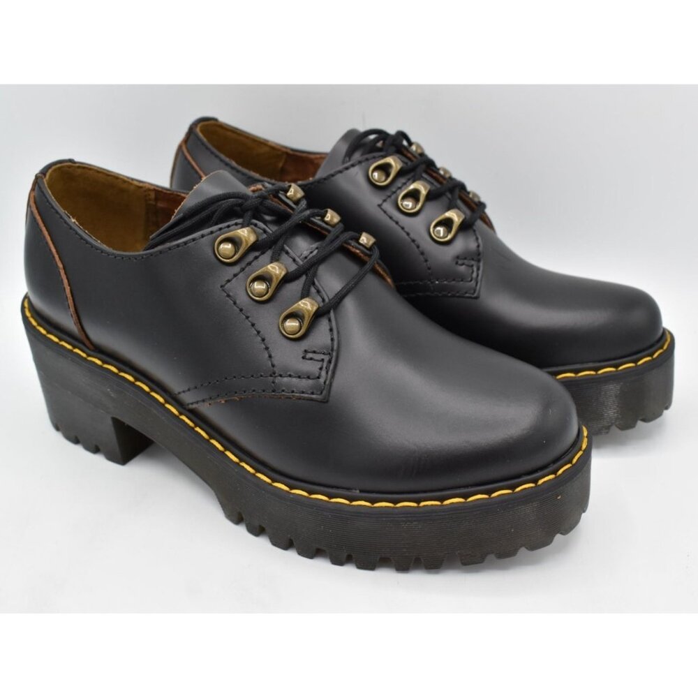 Dr Martens Women 10 Leona Lug Sole Platform Black Vintage Leather Derby Shoes - Picture 3 of 13